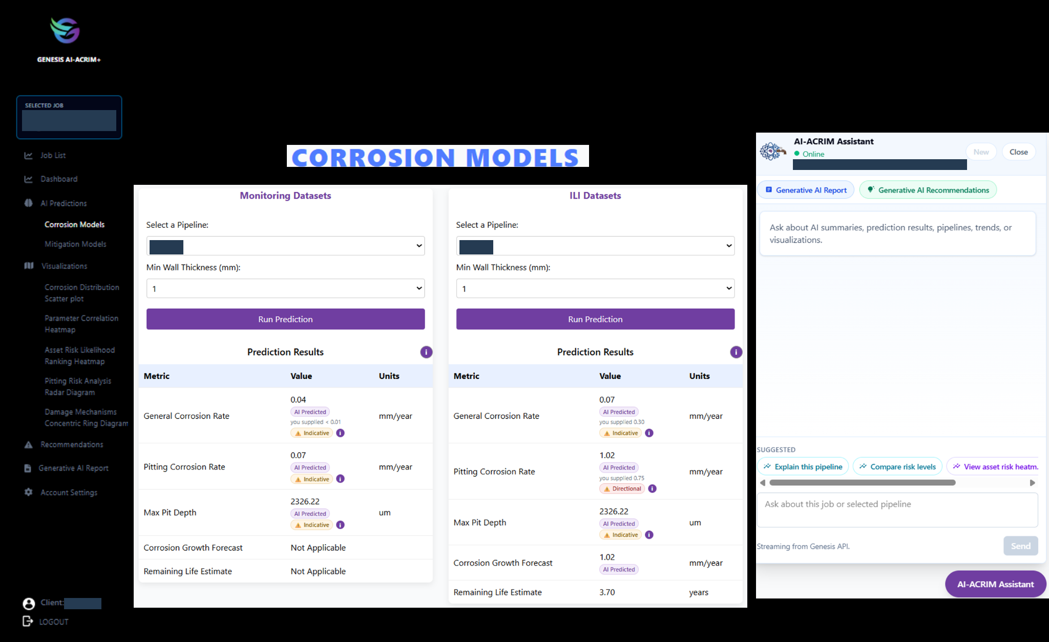 Actual AI-ACRIM Plus corrosion modeling interface and assistant, with client and asset identifiers masked