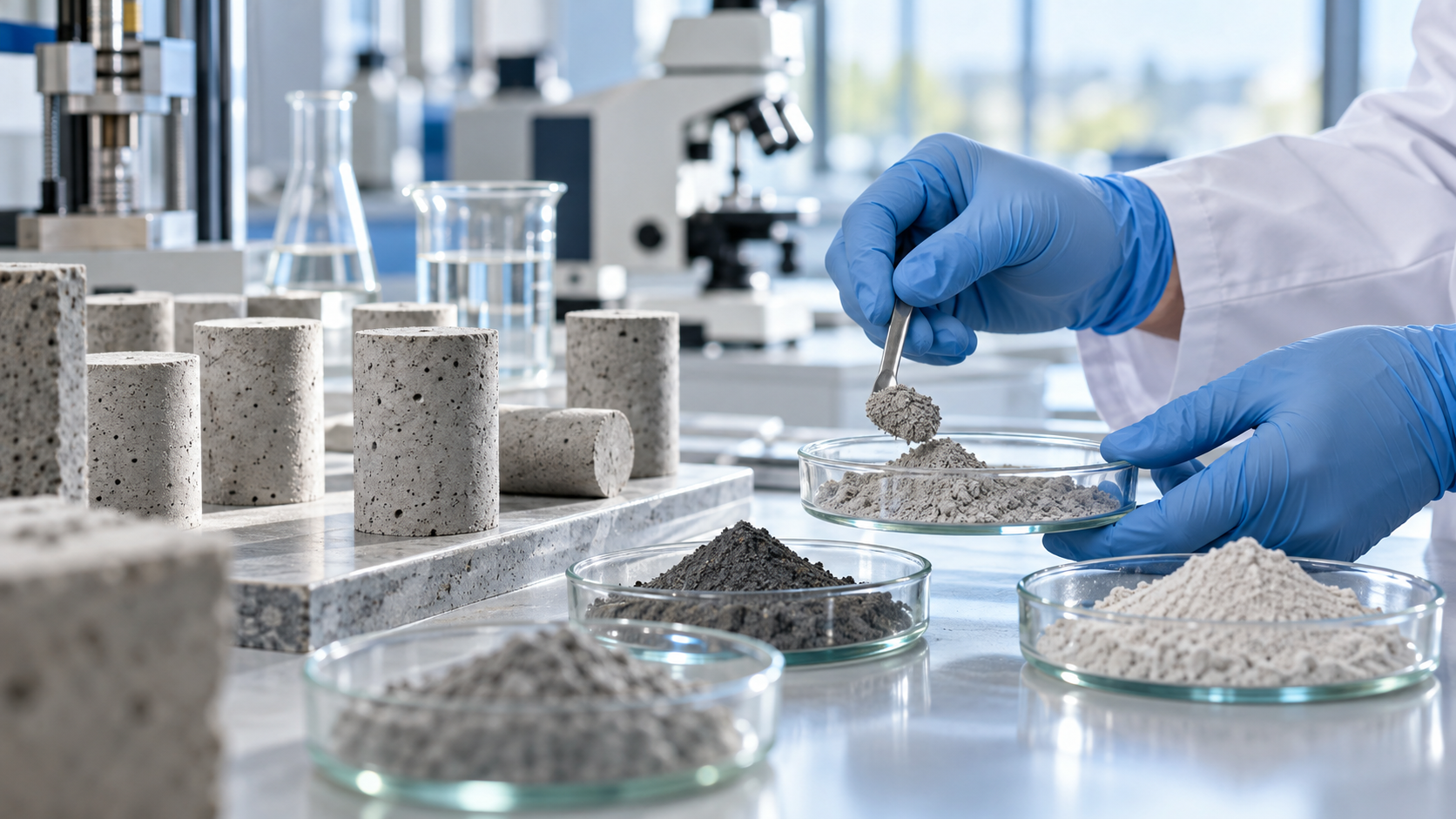 Concrete specimens and cement additive samples in a materials laboratory